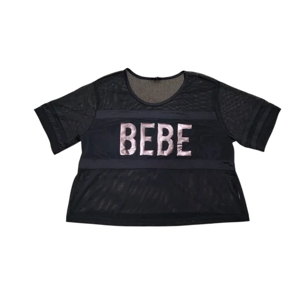 Bebe Sport Black Mesh Logo Active Top Boxy T-Shirt - Picture 2 of 11